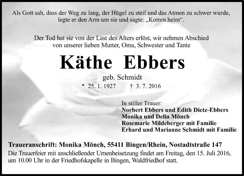  Traueranzeige für Käthe Ebbers vom 09.07.2016 aus Trauerportal Rhein Main Presse