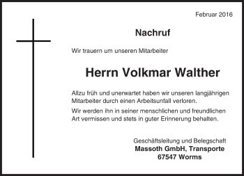 Traueranzeige von Volkmar Walther von trauer.rmp.de