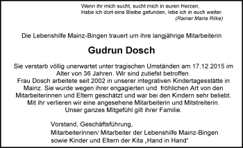 Traueranzeige von Gudrun Dosch von  Allgemeine  Zeitung Ingelheim-Bingen