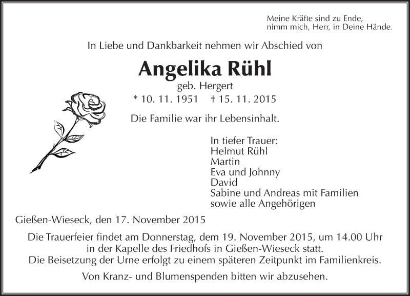  Traueranzeige für Angelika Rühl vom 17.11.2015 aus  Gießener Anzeiger