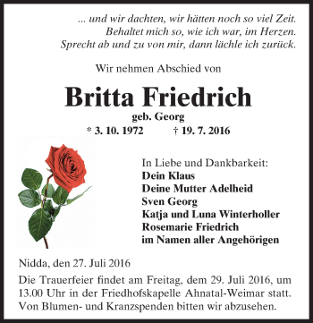 Traueranzeige von Britta Friedrich von  Kreisanzeiger