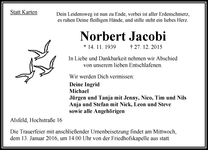  Traueranzeige für Norbert Jacobi vom 12.01.2016 aus VRM Trauer