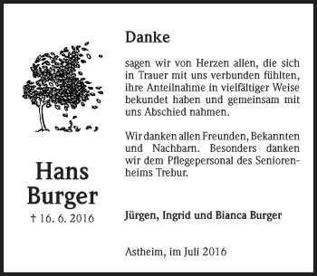 Traueranzeige von Hans Burger von Trauerportal Rhein Main Presse