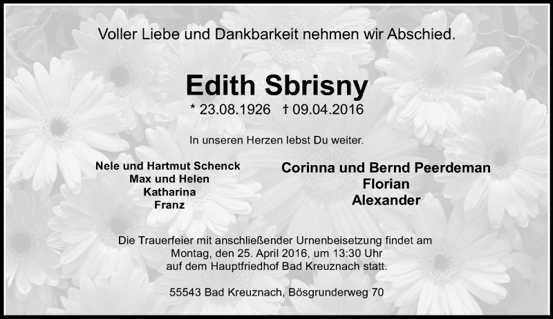  Traueranzeige für Edith Sbrisny vom 21.04.2016 aus  Allg. Zeitung Bad Kreuznach