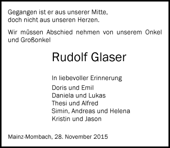 Traueranzeige von Rudolf Glaser von  Allgemeine Zeitung Mainz