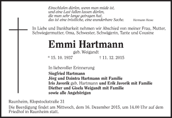 Traueranzeige von Emmi Hartmann von  Mainspitze