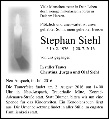 Traueranzeige von Stephan Siehl von  Usinger Anzeiger
