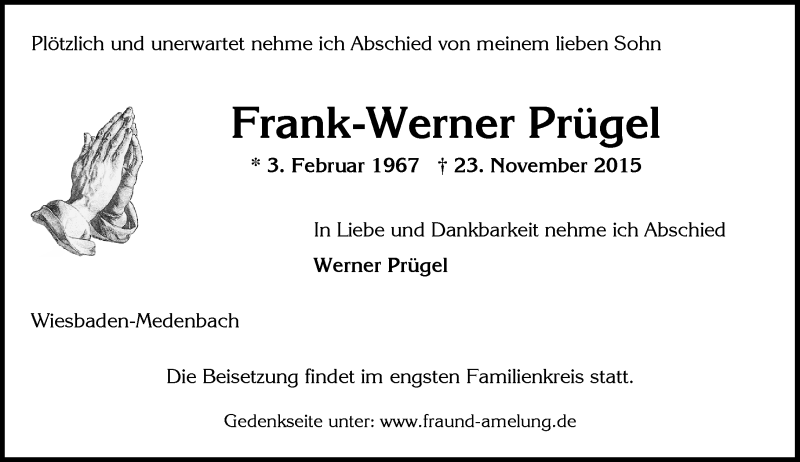  Traueranzeige für Frank-Werner Prügel vom 05.12.2015 aus  Wiesbaden komplett