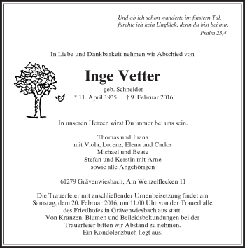 Traueranzeige von Inge Vetter von  Usinger Anzeiger