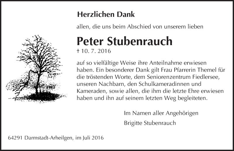  Traueranzeige für Peter Stubenrauch vom 23.07.2016 aus Trauerportal Echo Online