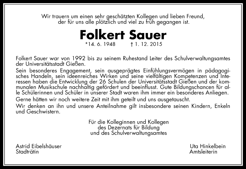  Traueranzeige für Folkert Sauer vom 12.12.2015 aus  Gießener Anzeiger