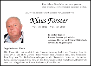 Traueranzeige von Klaus Förster von  Allgemeine  Zeitung Ingelheim-Bingen