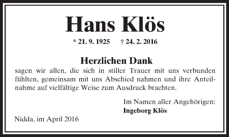  Traueranzeige für Hans Klös vom 09.04.2016 aus  Sonntags Anzeiger