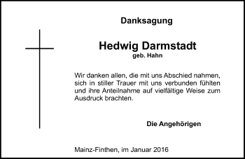 Traueranzeige von Hedwig Darmstadt von  Allgemeine Zeitung Mainz