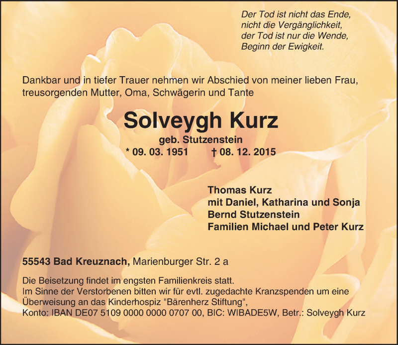  Traueranzeige für Solveygh Kurz vom 12.12.2015 aus  Allg. Zeitung Bad Kreuznach
