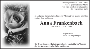 Traueranzeige von Anna Frankenbach von  Allgemeine Zeitung Mainz
