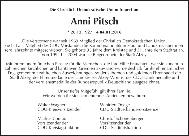  Traueranzeige für Anni Pitsch vom 09.01.2016 aus trauer.rmp.de