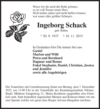 Traueranzeige von Ingeborg Schack von  Allgemeine Zeitung Mainz