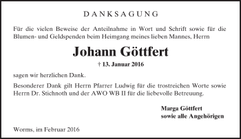 Traueranzeige von Johann Göttfert von  Wormser Zeitung