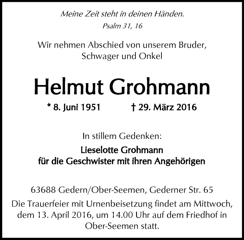  Traueranzeige für Helmut Grohmann vom 09.04.2016 aus  Kreisanzeiger