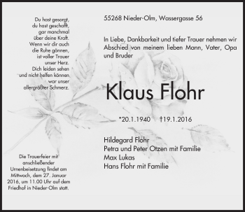 Traueranzeige von Klaus Flohr von  Allgemeine Zeitung Alzey