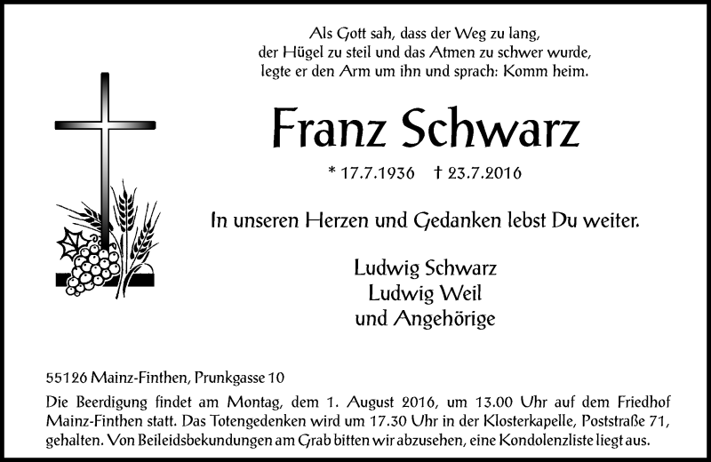  Traueranzeige für Franz Schwarz vom 30.07.2016 aus Trauerportal Rhein Main Presse