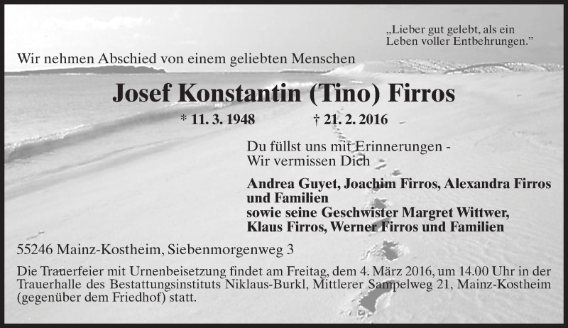  Traueranzeige für Josef Konstantin Firros vom 02.03.2016 aus  Allgemeine Zeitung Mainz