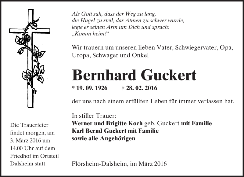  Traueranzeige für Bernhard Guckert vom 02.03.2016 aus  Wormser Zeitung