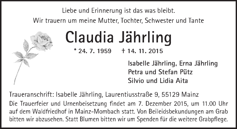  Traueranzeige für Claudia Jährling vom 02.12.2015 aus  Allgemeine Zeitung Mainz