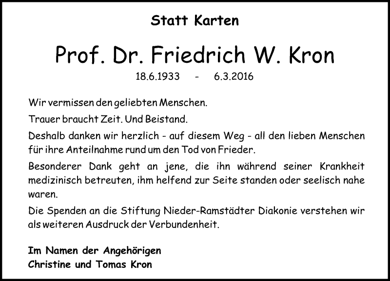  Traueranzeige für Friedrich W. Kron vom 09.04.2016 aus  Allg. Zeitung Bad Kreuznach