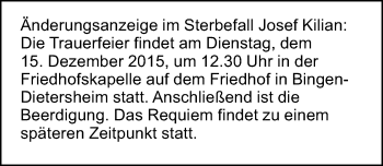 Traueranzeige von Josef Kilian von  Allgemeine  Zeitung Ingelheim-Bingen