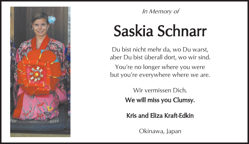  Traueranzeige für Saskia Schnarr vom 30.01.2016 aus  Kreisanzeiger