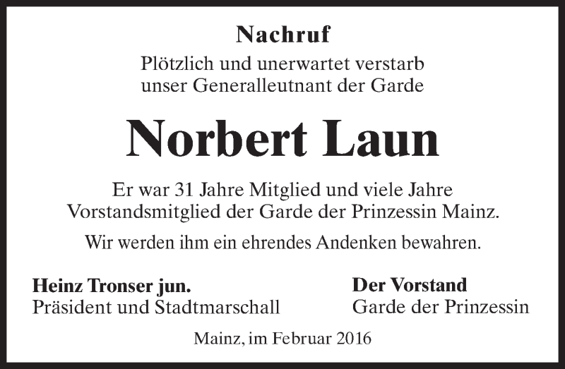  Traueranzeige für Norbert Laun vom 13.02.2016 aus trauer.rmp.de