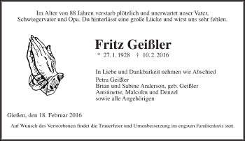 Traueranzeige von Fritz Geißler von  Gießener Anzeiger