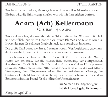 Traueranzeige von Adam Kellermann von  Allgemeine Zeitung Alzey