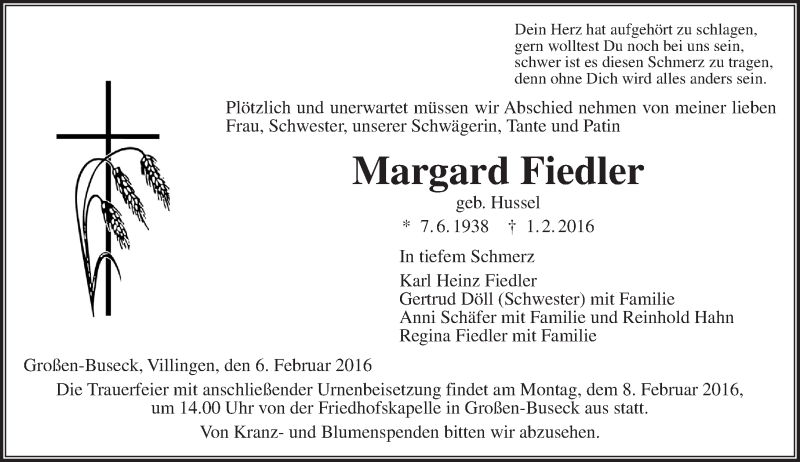  Traueranzeige für Margard Fiedler vom 06.02.2016 aus  Gießener Anzeiger
