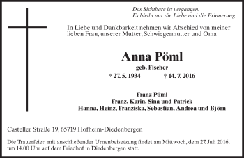 Traueranzeige von Anna Pöml von Trauerportal Rhein Main Presse