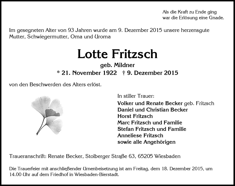  Traueranzeige für Lotte Fritzsch vom 15.12.2015 aus  Wiesbaden komplett