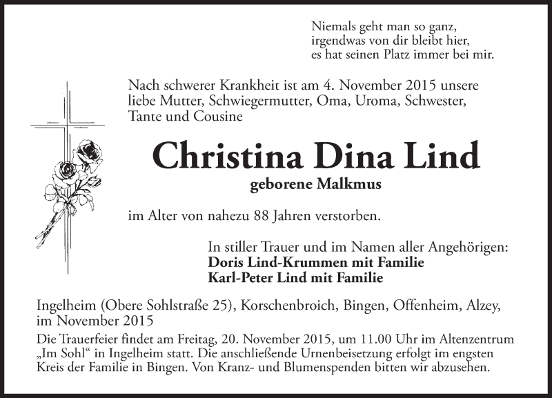  Traueranzeige für Christina Dina Lind vom 14.11.2015 aus  Allgemeine Zeitung Alzey