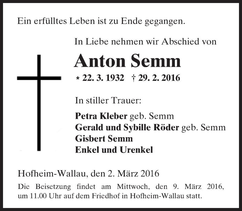  Traueranzeige für Anton Semm vom 04.03.2016 aus  Hofheimer Zeitung