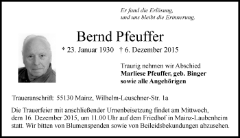Traueranzeige von Bernd Pfeuffer von  Allgemeine Zeitung Mainz