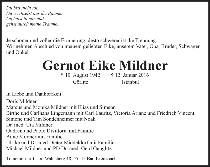  Traueranzeige für Gernot Eike Mildner vom 23.01.2016 aus  Allgemeine Zeitung Mainz