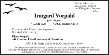 Traueranzeige von Irmgard Vorpahl von  Hofheimer Zeitung