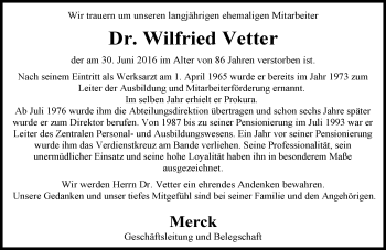 Traueranzeige von Wilfried Vetter von Trauerportal Echo Online