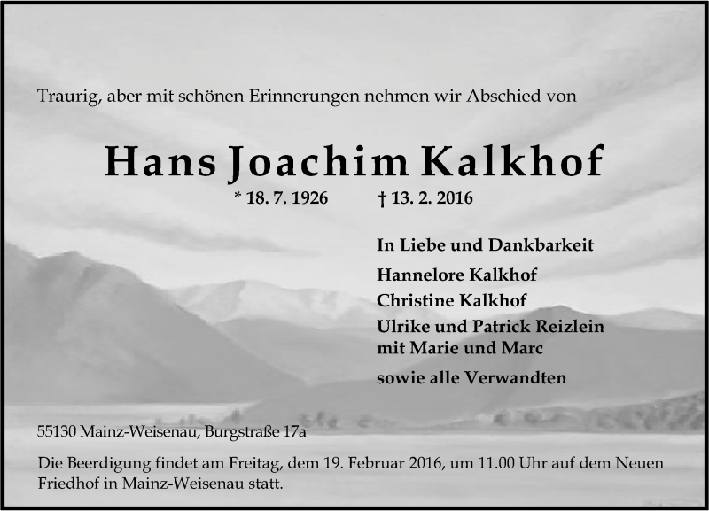 Traueranzeige für Hans Joachim Kalkhof vom 17.02.2016 aus  Allgemeine Zeitung Mainz