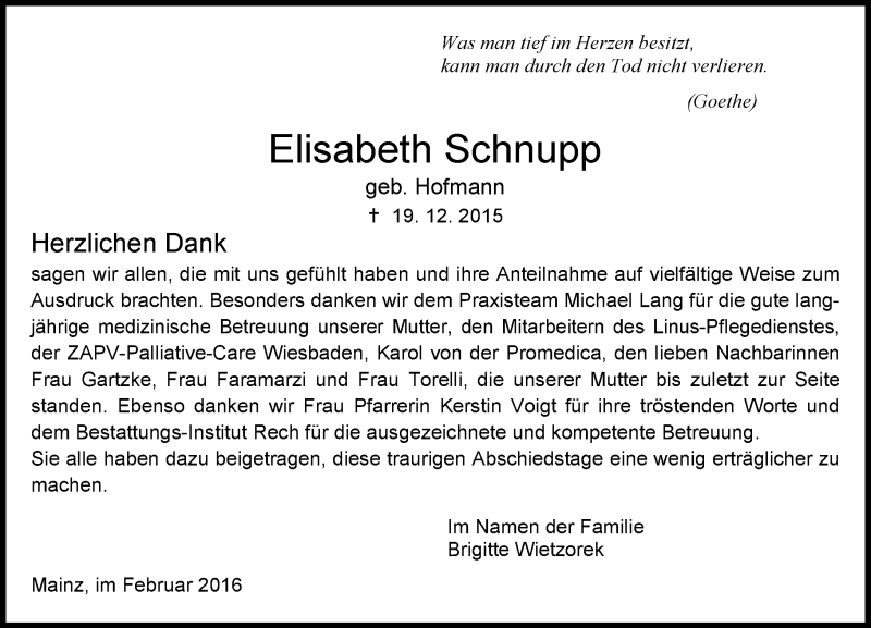  Traueranzeige für Elisabeth Schnupp vom 06.02.2016 aus  Allgemeine Zeitung Mainz