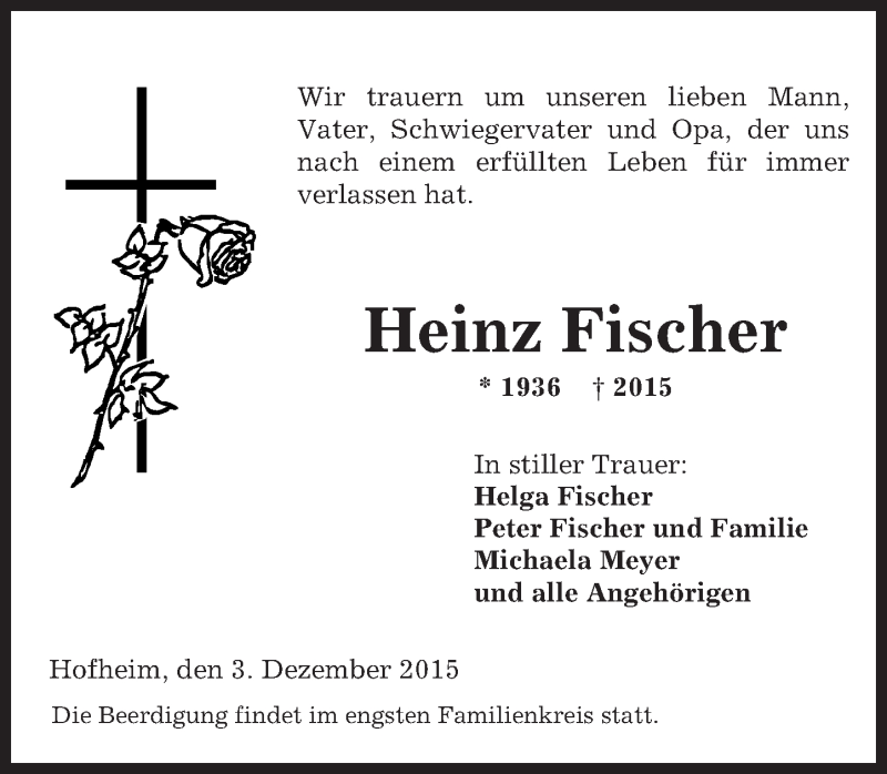  Traueranzeige für Heinz Fischer vom 08.12.2015 aus  Hofheimer Zeitung