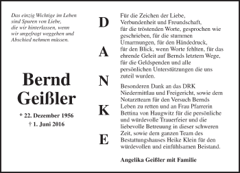 Traueranzeige von Bernd Geißler von  Gelnhäuser Tageblatt