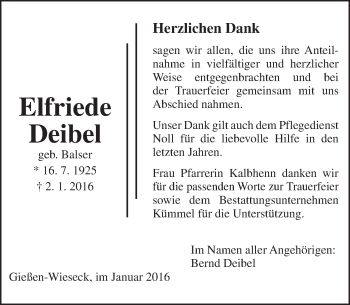 Traueranzeige von Elfriede Deibel von  Gießener Anzeiger
