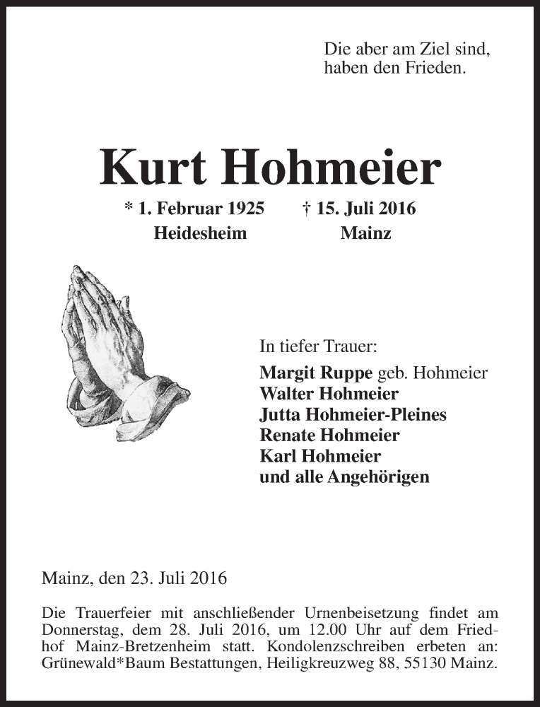  Traueranzeige für Kurt Hohmeier vom 23.07.2016 aus Trauerportal Rhein Main Presse